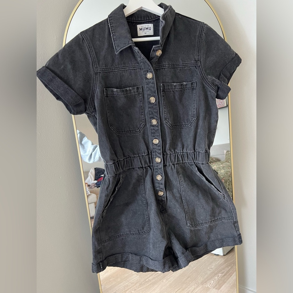 Show Me Your MuMu Charcoal Button-Up Romper Medium